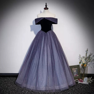 Princess Off The Shoulder Grape Tulle Prom Dresses Sexy Evening Dress HZ1023